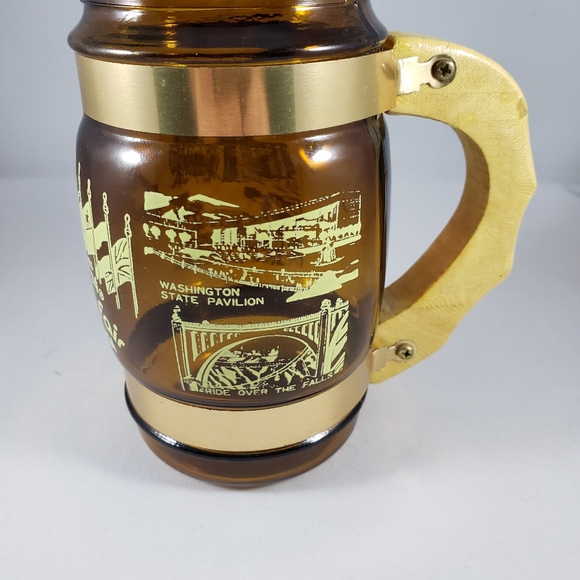 World's Fair Expo '74 Spokane, WA Brown Glass Barrel Mug with Wood Handle - Picture 2 of 5